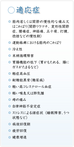 [適応症]筋肉若しくは関節の慢性的な痛み又はこわばり（関節リウマチ、変形性関節症、腰痛症、神経痛、五十肩、打撲、捻挫などの慢性期）／運動麻痺における筋肉のこわばり／冷え性／末梢循環障害／胃腸機能の低下（胃がもたれる、腸にガスがたまるなど）／軽症高血圧／耐糖能異常（糖尿病）／軽い高コレステロール血症／軽い喘息又は肺気腫／痔の痛み／自律神経不安定症／ストレスによる諸症状（睡眠障害、うつ状態など）／病後回復期／疲労回復／健康増進